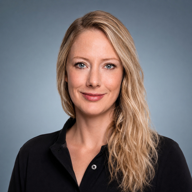 Eine blonde Frau mit blaugrünen Augen lächelt sanft direkt in die Kamera. Ihr langes, gewelltes Haar fällt über ihre Schultern. Sie trägt ein schwarzes Poloshirt mit einem geöffneten Kragen. Der Hintergrund ist ein schlichter, hellblauer Farbverlauf.