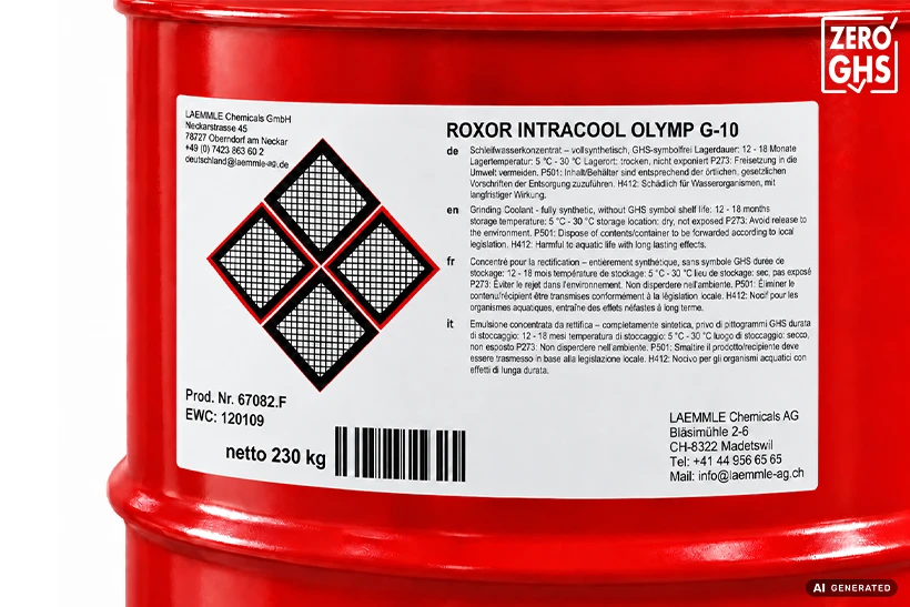 Rotes Industriefass mit weißem Etikett für ROXOR INTRACOOL OLYMP G-10 Schleifwasserkonzentrat (LAEMMLE Chemicals). Etikett mit GHS-Symbol Wasserorganismen, Lager-/Sicherheitshinweisen, Füllmenge 230 kg, 'ZERO GHS'-Logo.