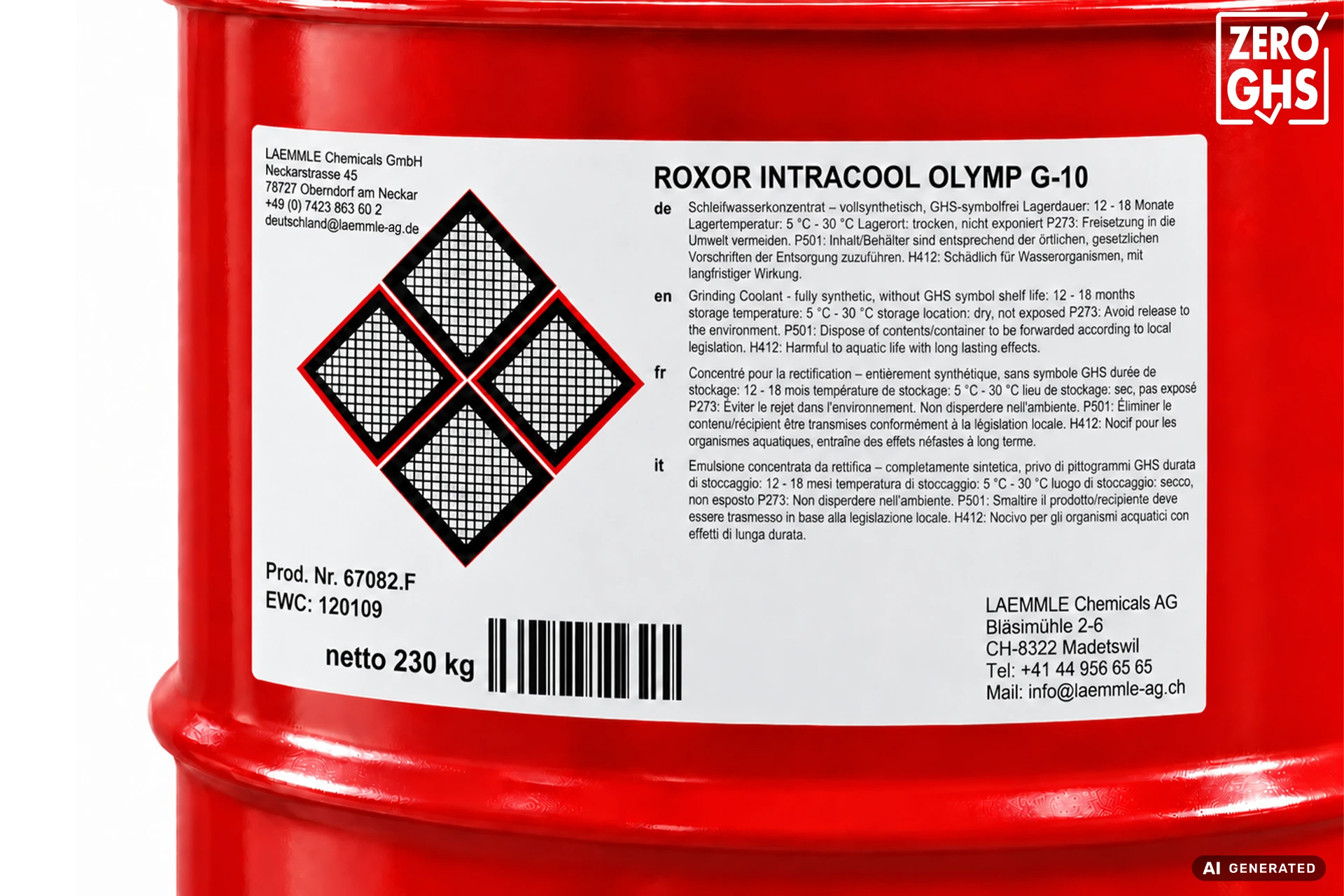 Rotes Industriefass mit Etikett „ROXOR INTRACOOL OLYMP G-10“. Gefahrensymbol mit rotem Rand warnt vor Umweltschädlichkeit. Etikett mit Lagerhinweisen zum Schleifwasserkonzentrat. 230 kg. „ZERO GHS“-Logo oben rechts.
