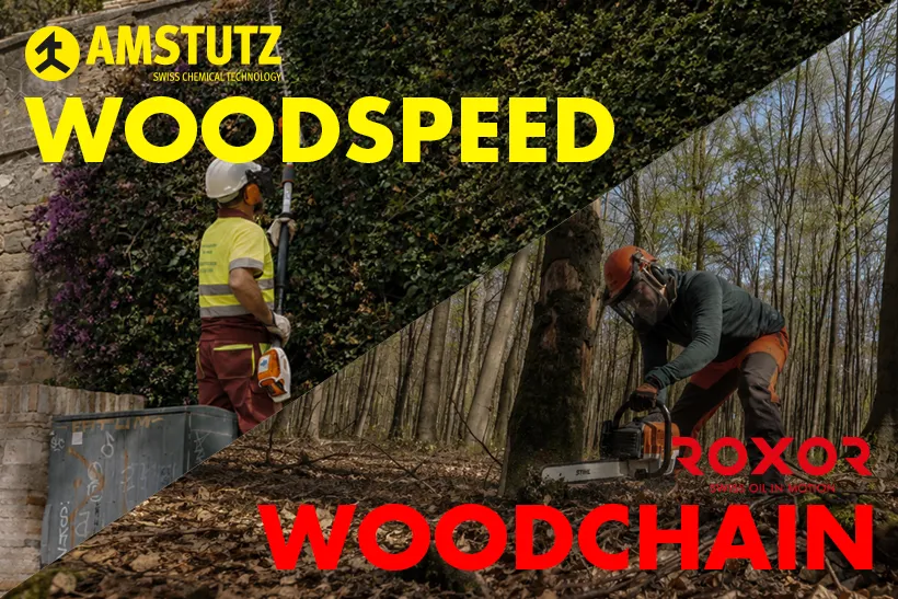 Diagonal geteiltes Bild: links ein Gärtner in Schutzkleidung, der eine hohe Hecke mit der Heckenschere trimmt. Rechts ein Forstarbeiter mit Kettensäge im Wald am Baumstamm. Beide Szenen zeigen Holzpflege und -bearbeitung.