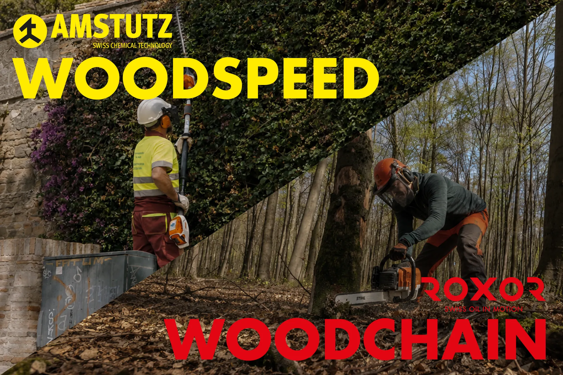 Diagonalbild: links Gärtner in Schutzkleidung schneidet dichte grüne Hecke mit violetten Blumen an Steinmauer, Text "AMSTUTZ WOODSPEED". Rechts Forstarbeiter mit Helm/Visier sägt Baumstamm im Laubwald, "ROXOR WOODCHAIN".