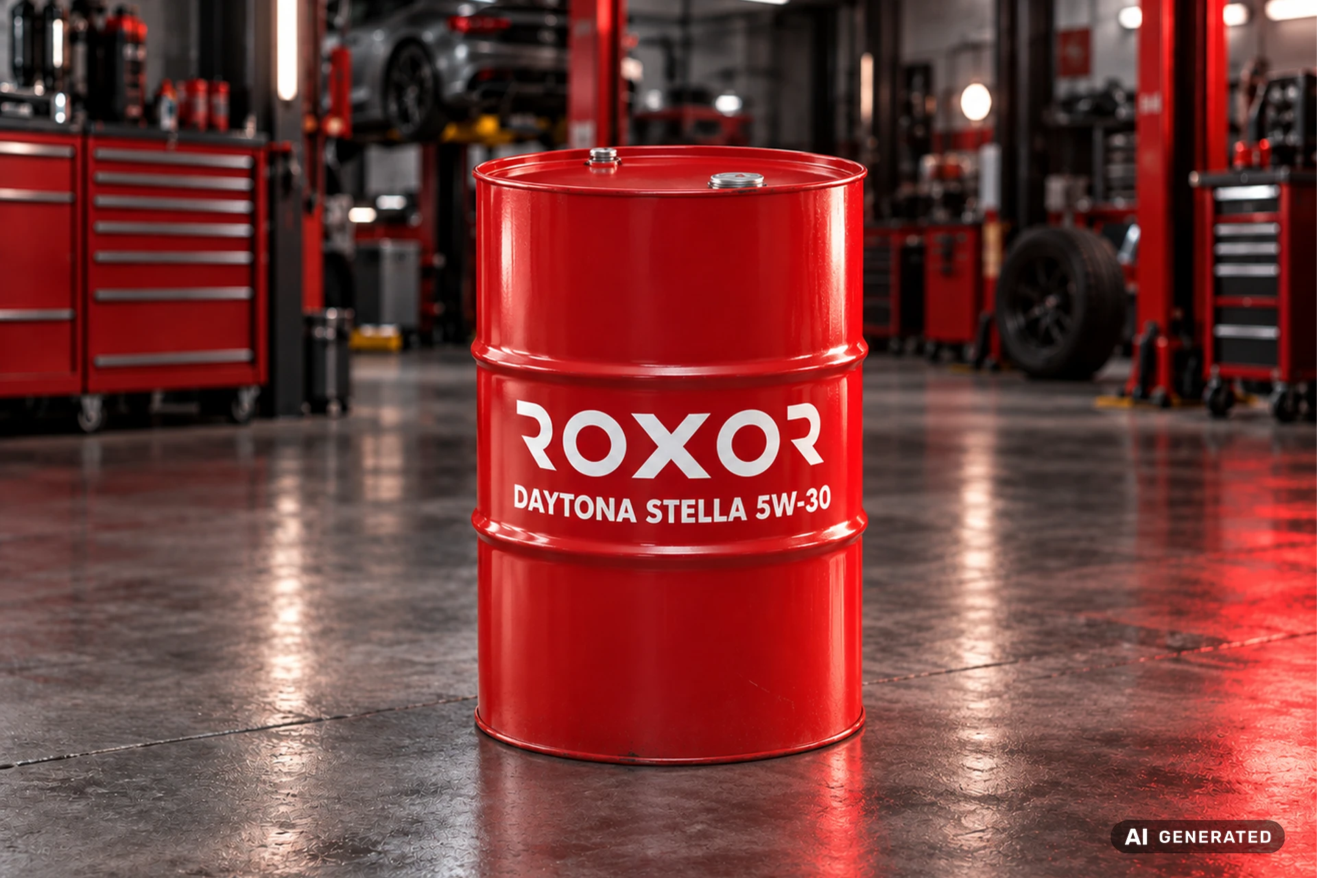 rotes ROXOR Fass mit Aufschrift DAYTONA STELLA 5W-30 steht in einer Werkstatt
