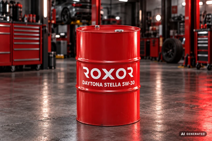 rotes ROXOR Fass mit Aufschrift DAYTONA STELLA 5W-30 steht in einer Werkstatt
