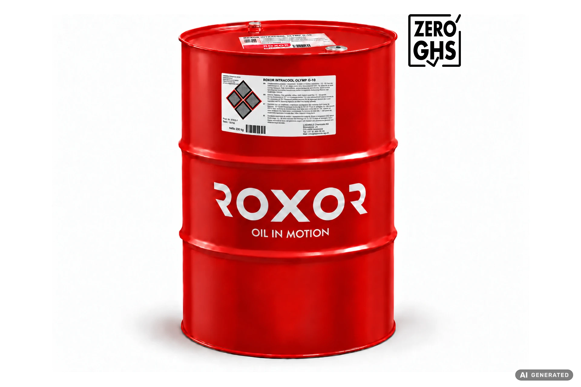 Leuchtend rotes Fass mit weißer Aufschrift „ROXOR“ und Slogan „OIL IN MOTION“ auf weißem Hintergrund. Oben Etikett mit „ROXOR INTRACOOL OLYMP G-10“, Gefahrensymbolen und Nettogewicht 230 kg. Sauber und neu.